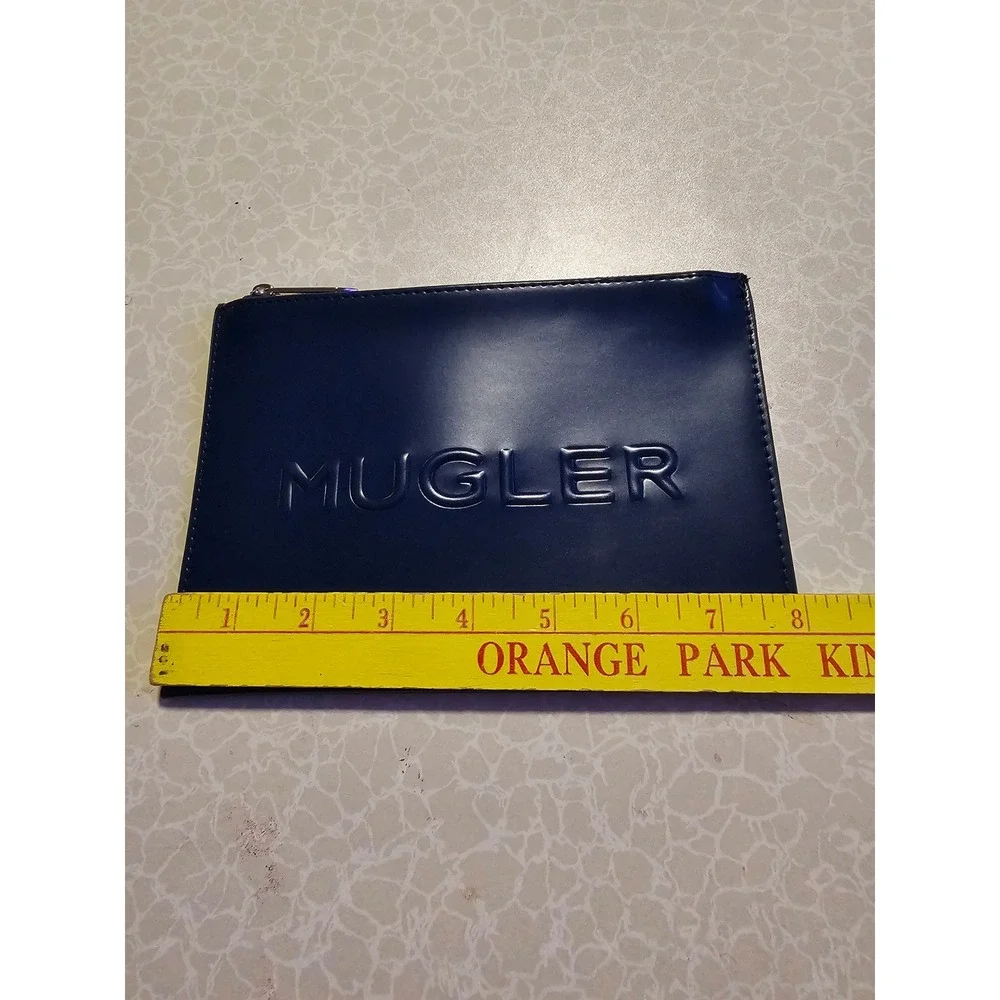 Mugler Navy Blue Embossed Logo Zippered‎ Pouch Cosmetic Bag Clutch